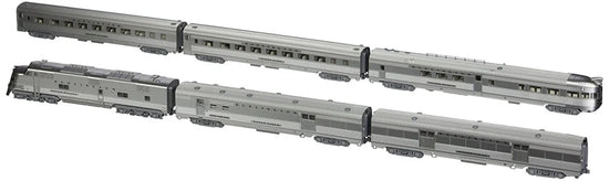 N scale CB&Q Silver Streak Zephyr diesel passenger train set with detailed model locomotives and passenger cars in metallic silver.