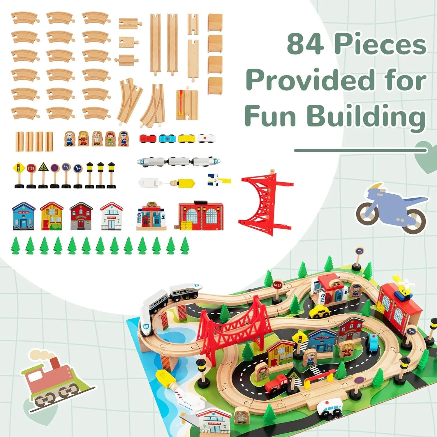 Train Table, 80 Pieces Wooden Kids Activity Toy Table Playset with Reversible Detachable Tabletop, Tracks, Train, Railway, City, Gift for Toddler Boys Girls Ages 3+