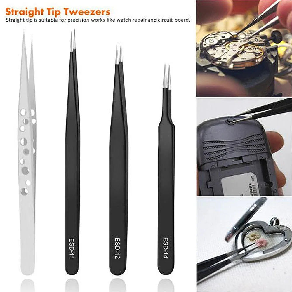 9 Pcs Tweezers Set Stainless Steel Anti-Static Precision Tweezers for Electronic Mobile Phone Repair Tools Hand Tools