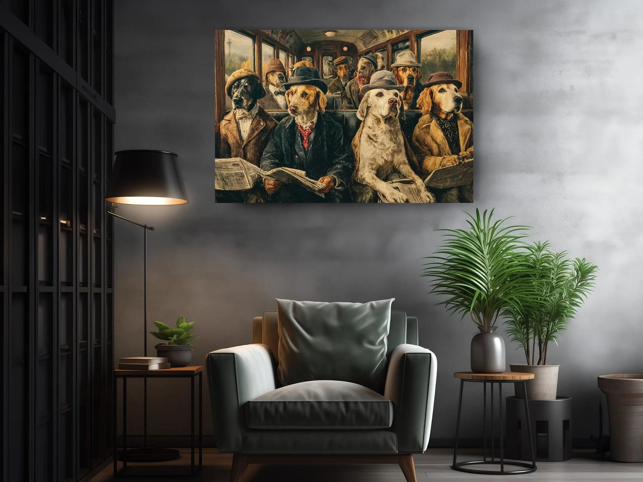 Dogs on a Train Canvas Wall Art: Vintage-Inspired Dog Portraits - Available Framed or Rolled, Premium Durable Canvas for Office and Home Decor