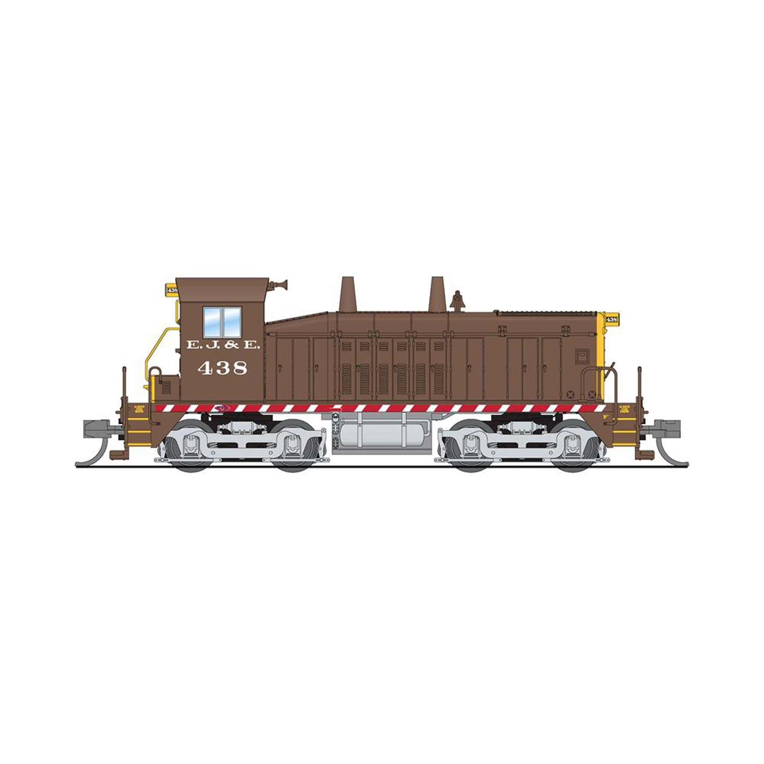 N Scale EMD NW2 EJ&E locomotive in brown and yellow, model BLI7493, featuring detailed design and realistic paint for model trains.