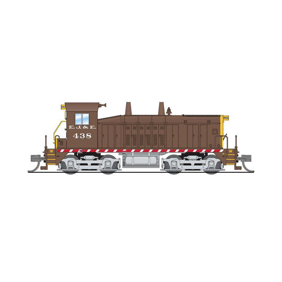 N Scale EMD NW2 EJ&E locomotive in brown and yellow, model BLI7493, featuring detailed design and realistic paint for model trains.