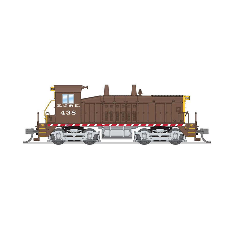 N Scale EMD NW2 EJ&E locomotive in brown and yellow, model BLI7493, featuring detailed design and realistic paint for model trains.