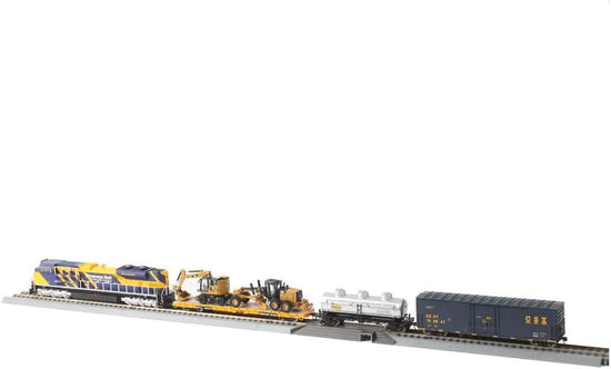 HO scale Caterpillar Progress Rail train set with diecast Cat trucks and construction equipment, 1:87 scale model, model 87001.
