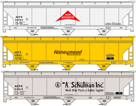 Three-car set of Accurail Inc. 8176 ACF covered hopper cars, detailed model train freight cars with realistic paint and markings.