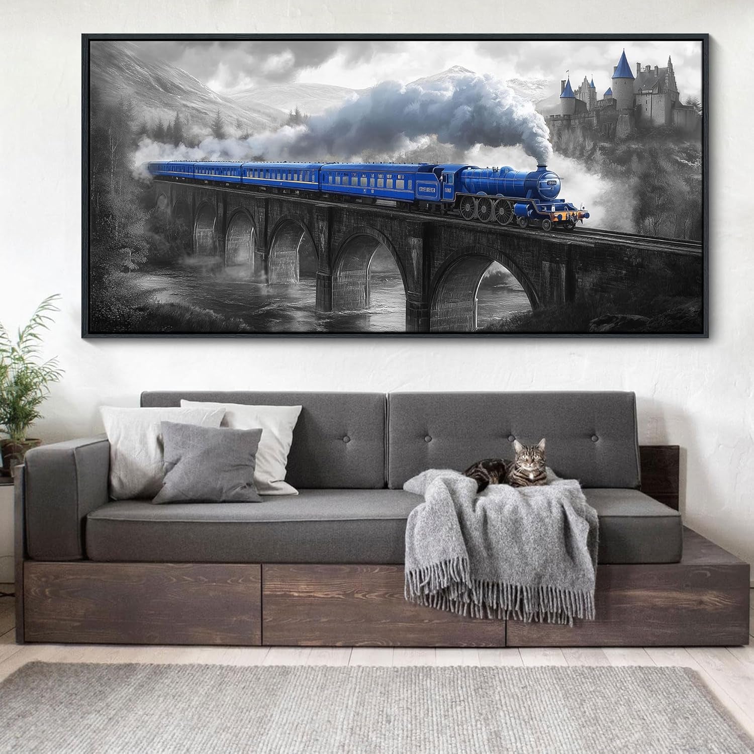 JEAWA Large Framed Canvas Painting - Blue White Gray Landscape Wall Art, Picture with Castle Bridge Train, Modern Art Prints for Living Room Bedroom Home Decoration, 29X58 IN
