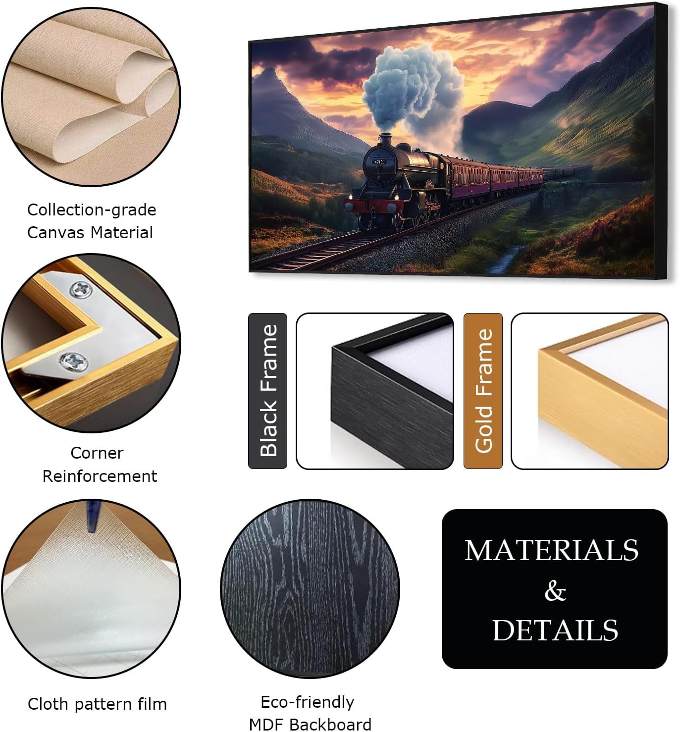 Steam Train Canvas Wall Art, Mountains Landscape Canvas Wall Art, Train Wall Decor, Steam Locomotive Train Picture, Nature Pictures Wall Decor, Wall Art for Living Room Bedroom (Gold Framed, 30"X17" | 76X43Cm)