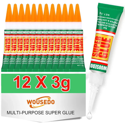 48-pack of WOUSEDO 3G clear cyanoacrylate adhesive for wood, rubber, leather, plastic, metal, and jewelry crafting.