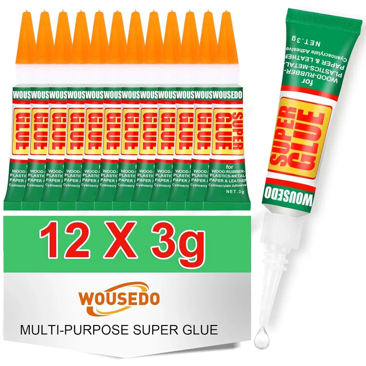 48-pack of WOUSEDO 3G clear cyanoacrylate adhesive for wood, rubber, leather, plastic, metal, and jewelry crafting.