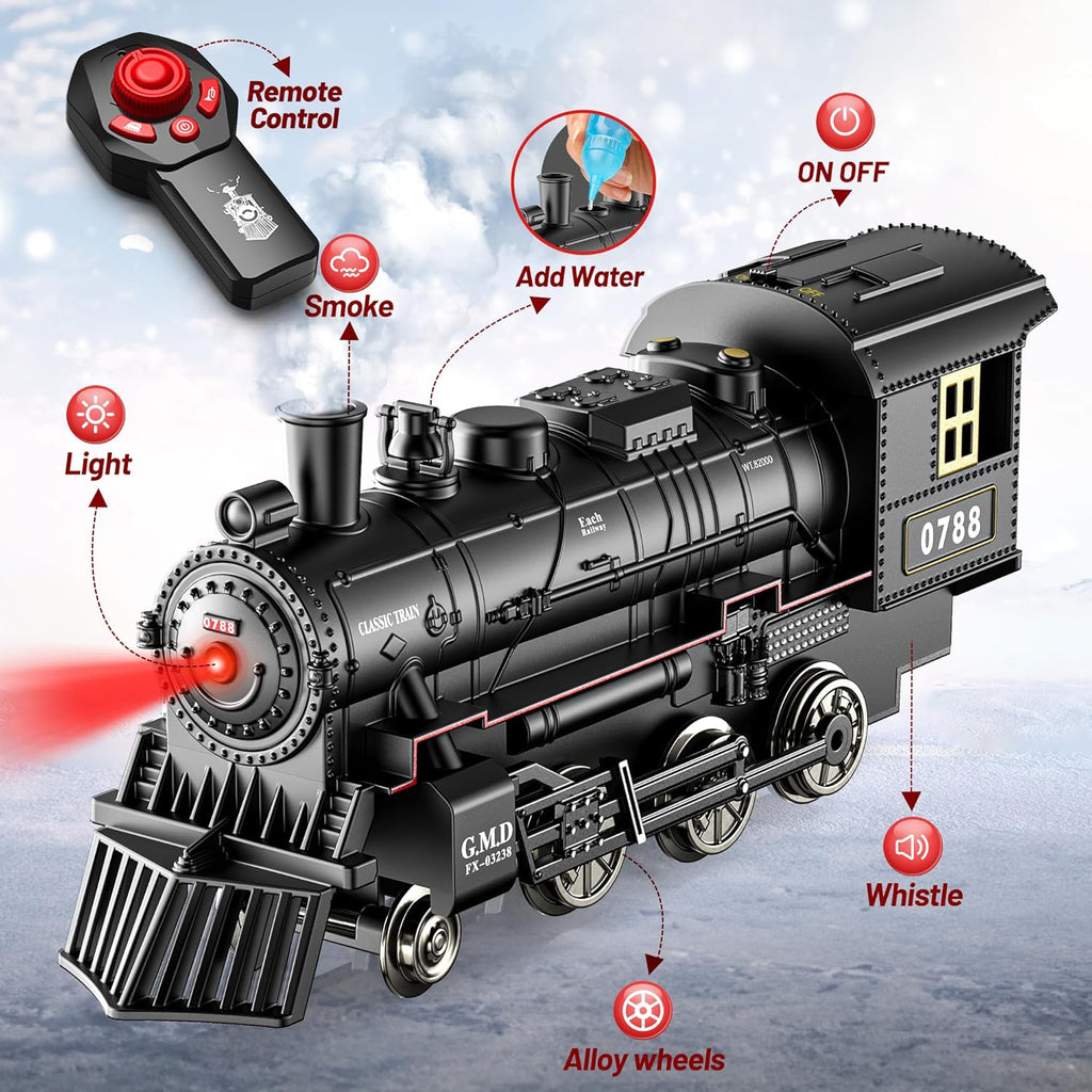 Train Set - Train Toys for Boys W/Smokes, Lights & Sound, Toy Train W/Steam Locomotive, Train Carriages & Tracks, Toddler Model Trains for 3 4 5 6 7 8+ Years Old Kids