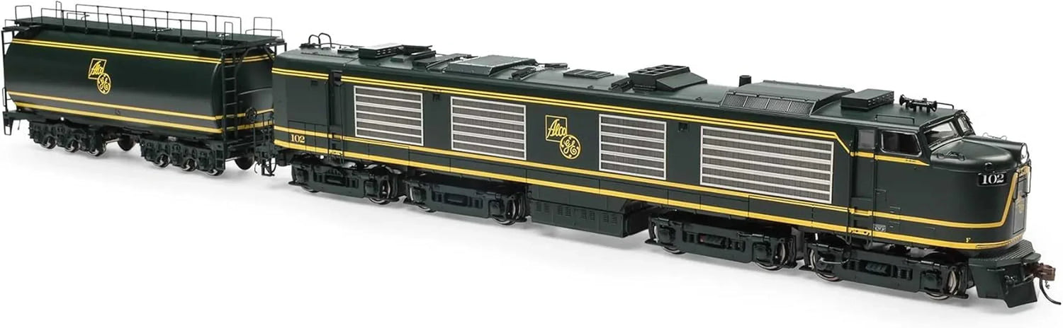 HO scale GE Gas Turbine Locomotive with tender, model ATHG41146 by Horizon Hobby, detailed black and silver train engine.