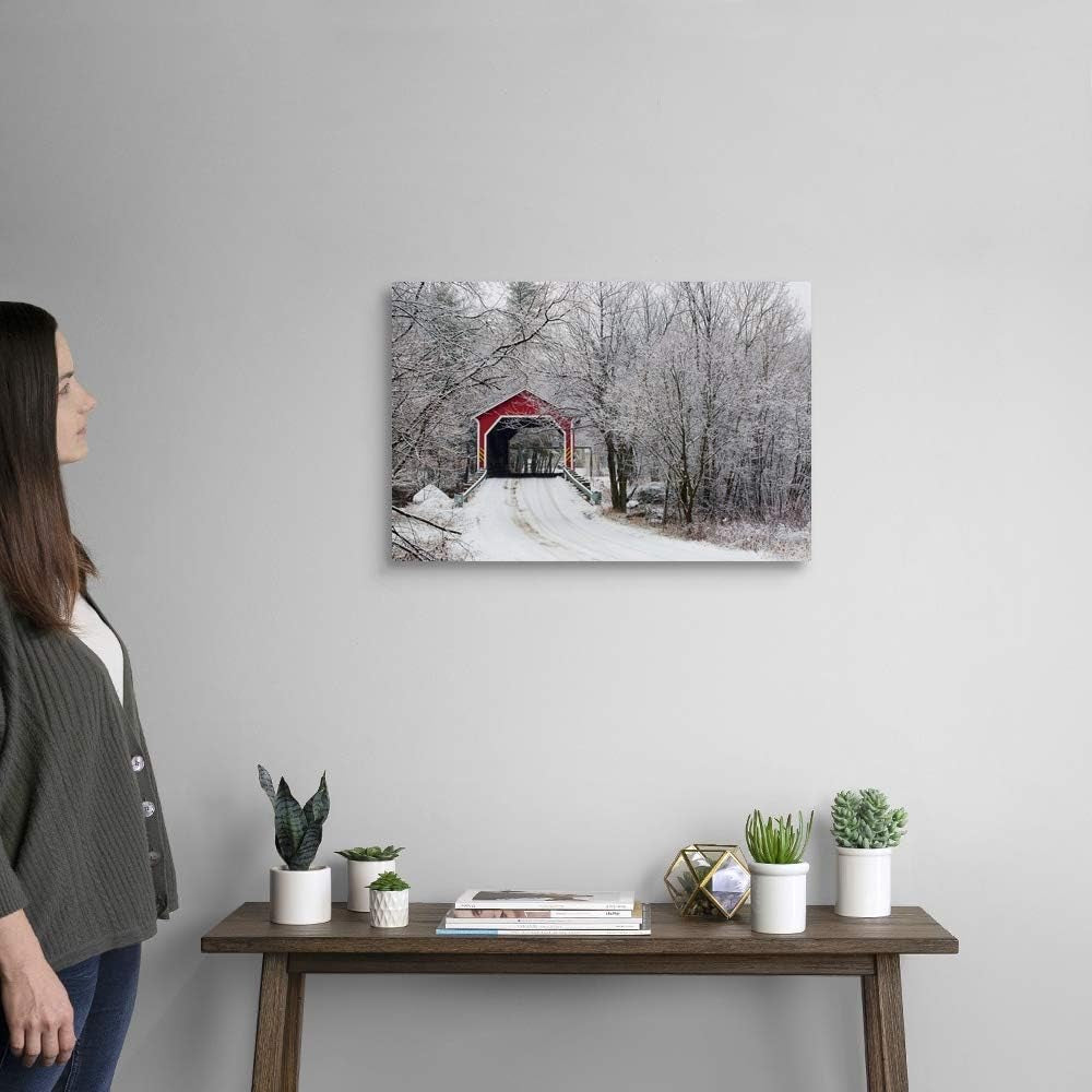 CANVAS on DEMAND Red Covered Bridge in the Winter; Adamsville Quebec Canada Canvas Wall Art Print by David Chapman, Home Decor, Frost, Winter Artwork, 24"X16"