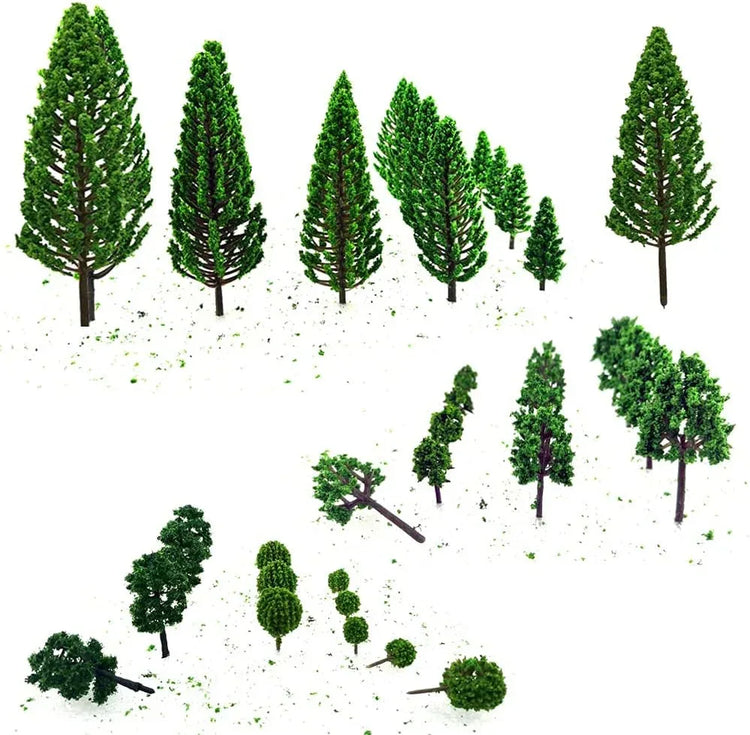 Miniature trees and bushes set for dioramas and scenic models, featuring woodland and railroad landscape elements by SaktopDeco