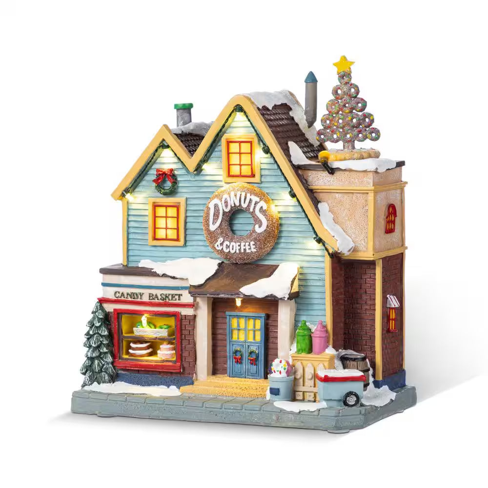 10.25-Inch Illuminated Christmas Village Scene with Donut and Coffee Shop, Enhanced with Motion and Music