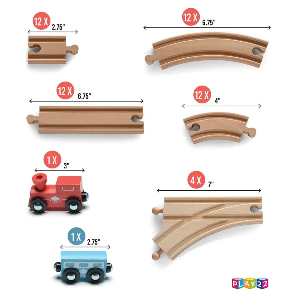 Kids Woden Train Track Set with 2 Bonus Toy Trains, 52 Count