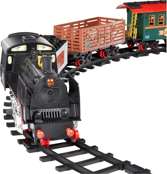 Amazon Basics remote control steam engine model train set with detailed train and track components for children ages 3 to 14.