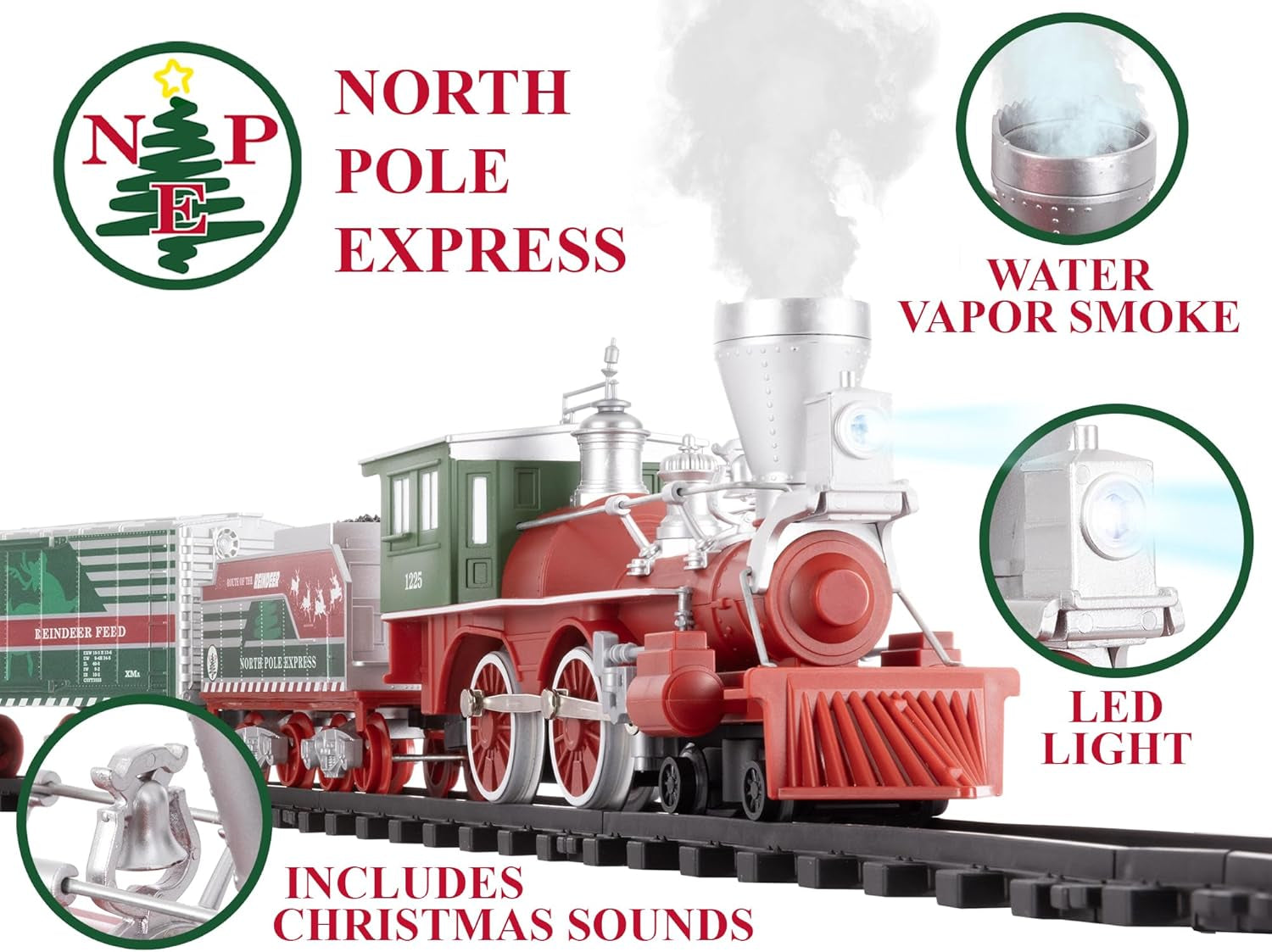 Lionel North Pole Express O Gauge Battery-Powered Toy Train Set with Remote Control, Locomotive, Cars, Track, Authentic Sounds, Lights, and Water Vapor Smoke Effects for Children Ages 4 and Up