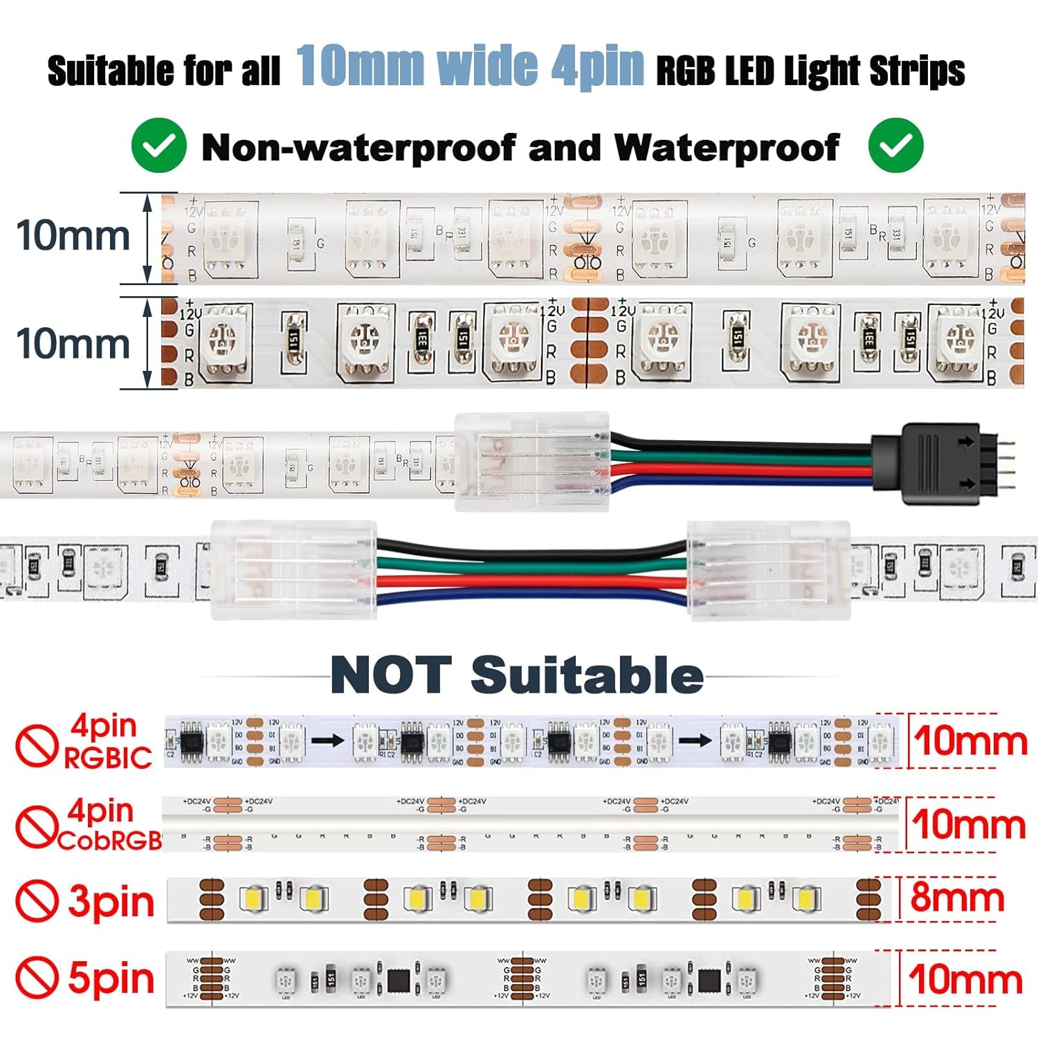 10mm Wide Solderless 4-Pin Track Lighting Connectors for 10mm RGB LED Strip Lights - Pack of 10
