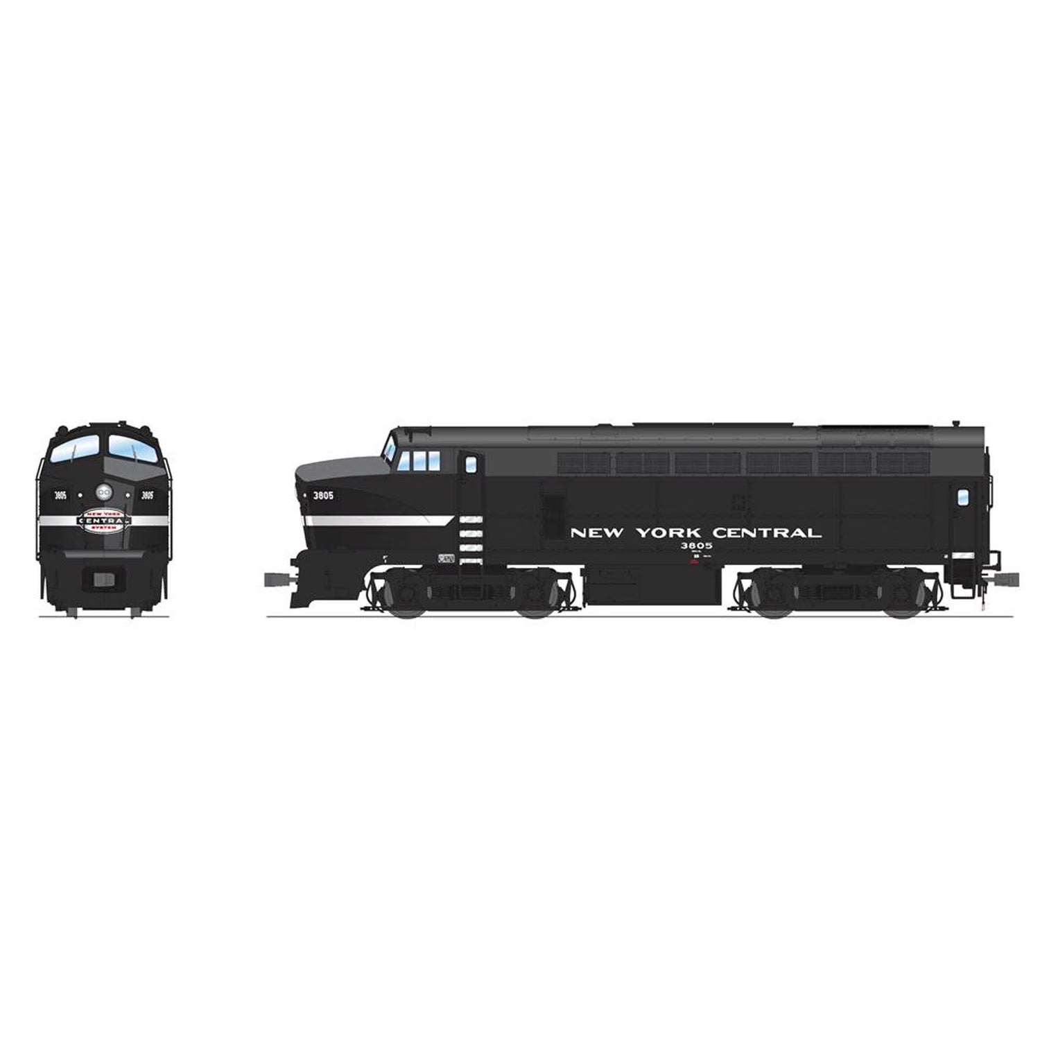 HO scale RF-16 Sharknose NYC A/B locomotives by BLI7696, featuring model 3805 and 3707, with cigar design details.