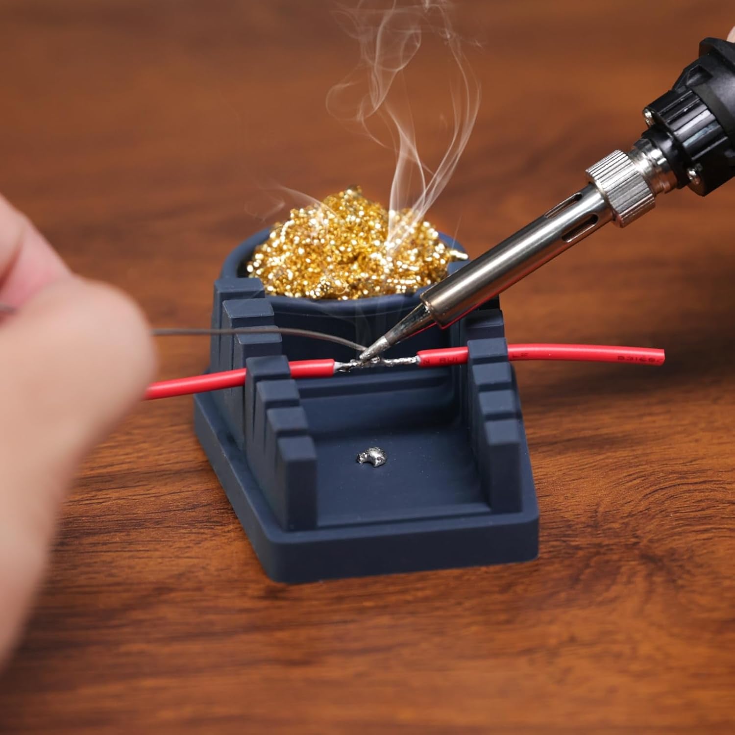 WEP S200 Gray Soldering Wire Holder, Heat Resistant Silicone Stand with Brass Wool Tip Cleaner and 6 V-Shaped Grooves, Helping Hands for Soldering