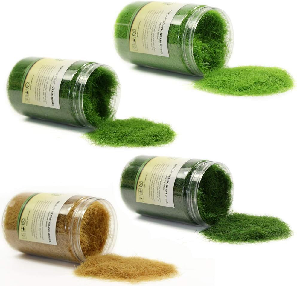 CFA4 4 x 300ml Mixed 12mm Static Grass Terrain Powder - Green Artificial Grass for Fairy Gardens, Miniatures, Landscapes, and Model Railway Layouts