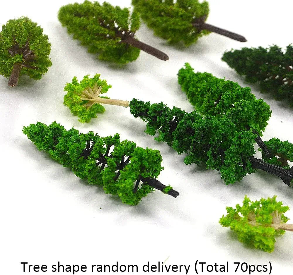 Set of 70 miniature artificial trees for train scenery and diorama landscaping, ideal for model railroads and wargame terrain.
