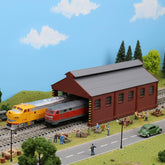 N Scale painted service shop maintenance building for model railroads in red, by BYMRR Train Store, detailed model railroad accessory