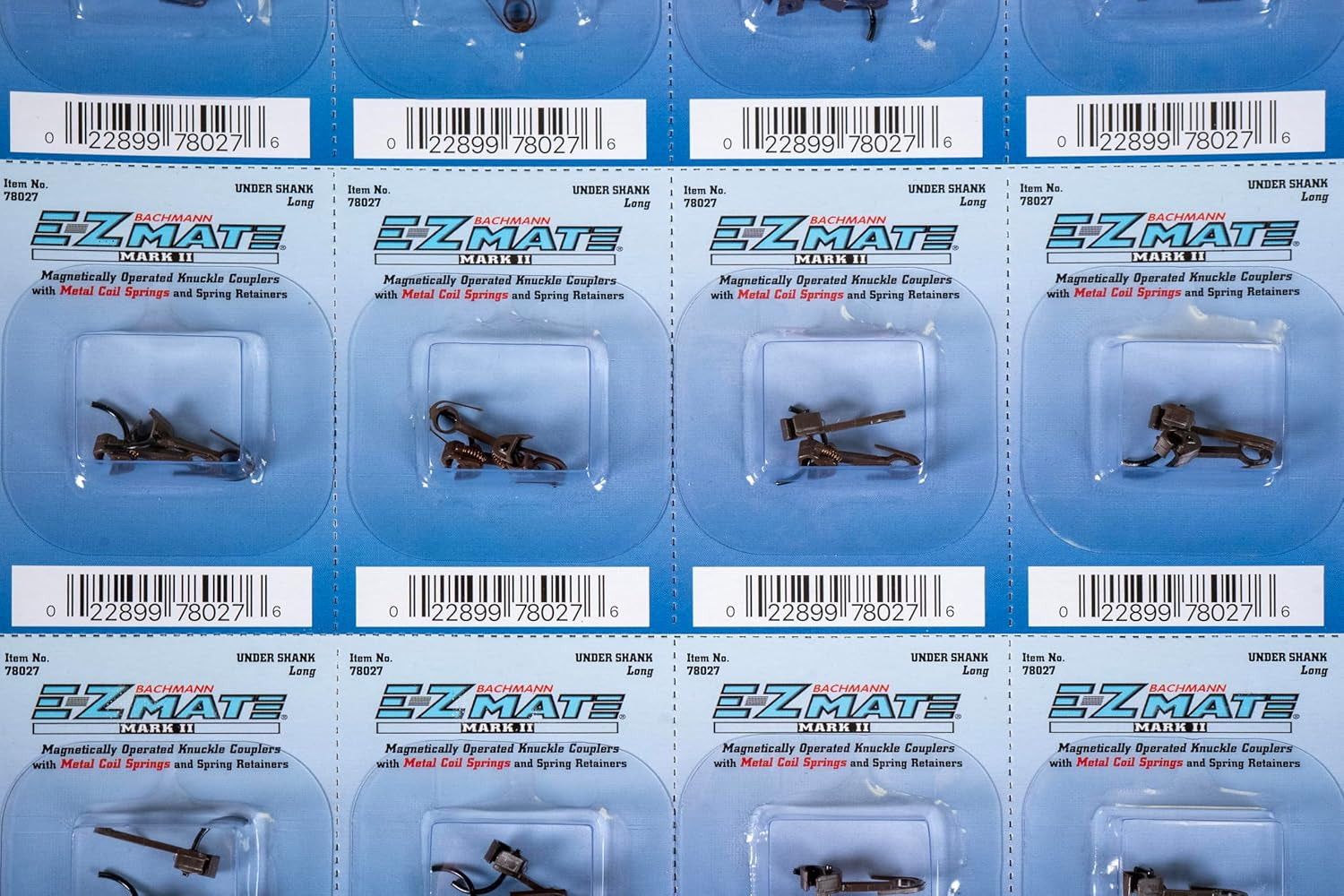 E-Z Mate Mark II Magnetic Knuckle Couplers with Metal Coil Spring - Long Under Shank (12 Pairs/Card) - HO Scale