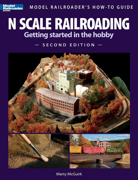 Open book titled "N Scale Railroading," showing detailed diagrams and beginner tips for starting in N scale model train hobby.