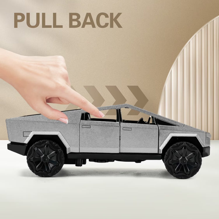 Silver 1:36 scale diecast Cybertruck pickup toy car by BYMRR Train Store, pull-back model for collectors and children ages 3+.