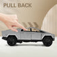 Silver 1:36 scale diecast Cybertruck pickup toy car by BYMRR Train Store, pull-back model for collectors and children ages 3+.