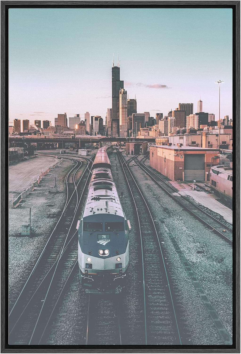 Framed Canvas Print Wall Art Trains between Skyscrapers Places Cityscape Photography Modern Art Bohemian Scenic Colorful Multicolor Ultra for Living Room, Bedroom, Office - 16"X24" BLACK