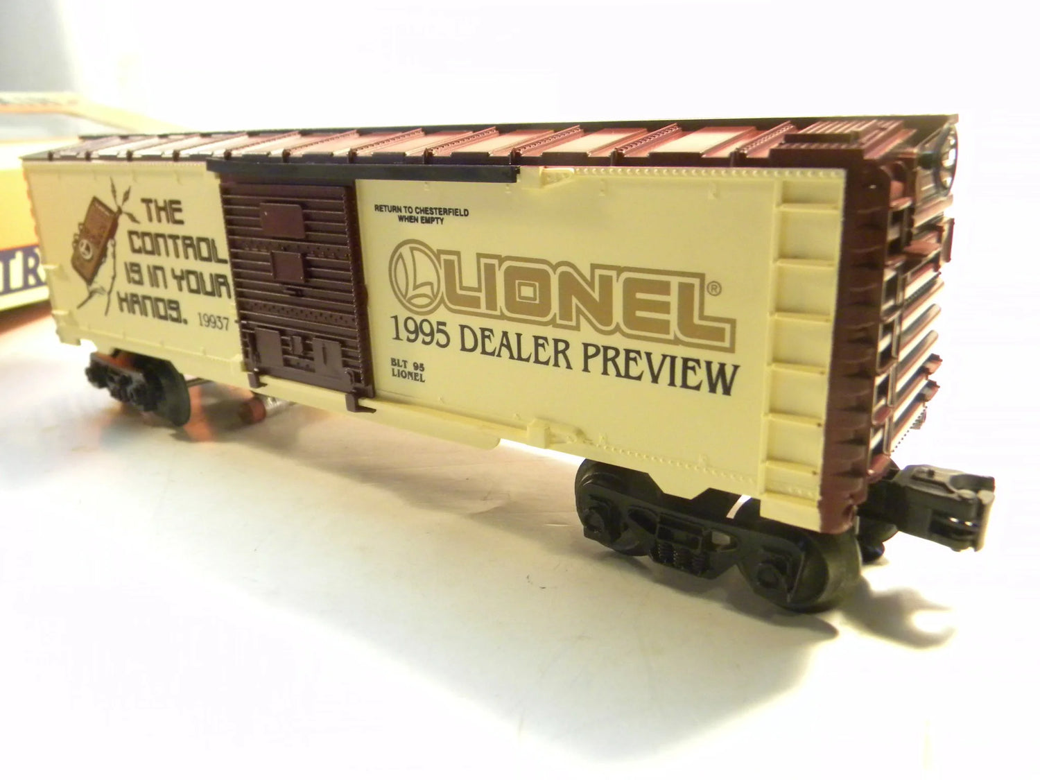 Mint condition BYMRR Train Store 1995 Toy Fair Box Car in original packaging, detailed view of this collectible model train car.