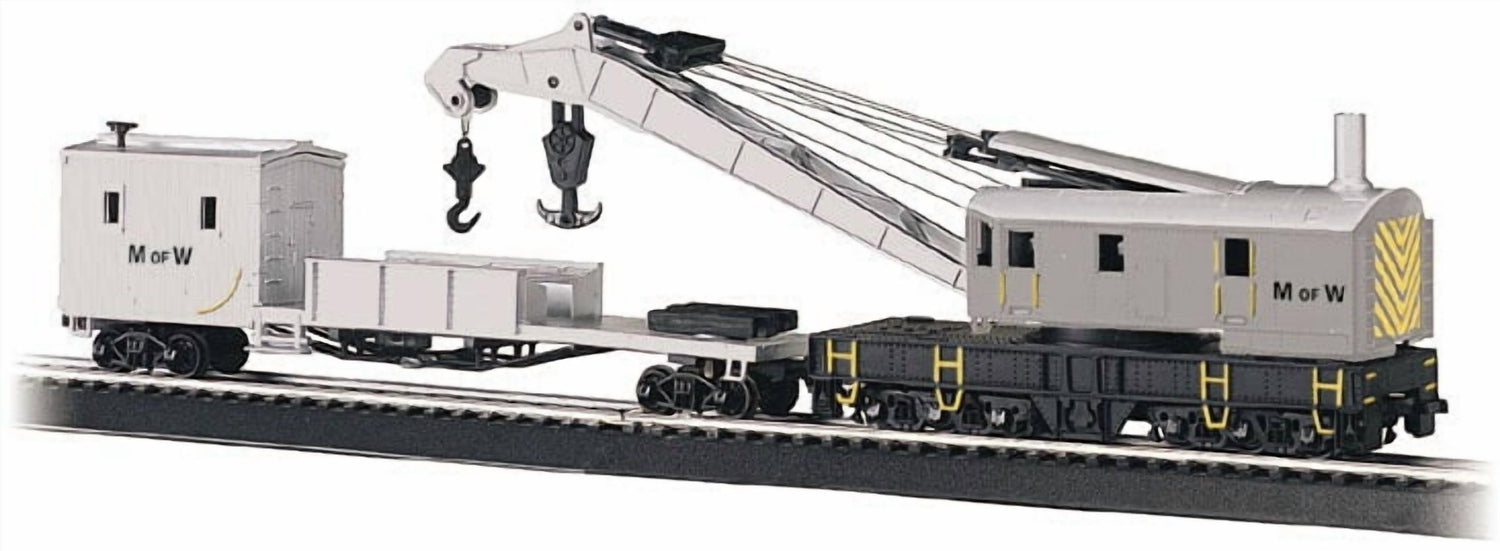 HO scale Bachmann crane car with gray boom and tender for maintenance of way, detailed model for model railroads.