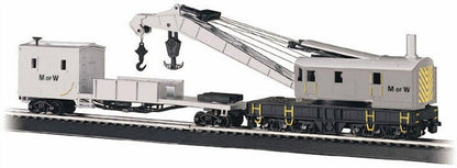 HO scale Bachmann crane car with gray boom and tender for maintenance of way, detailed model for model railroads.