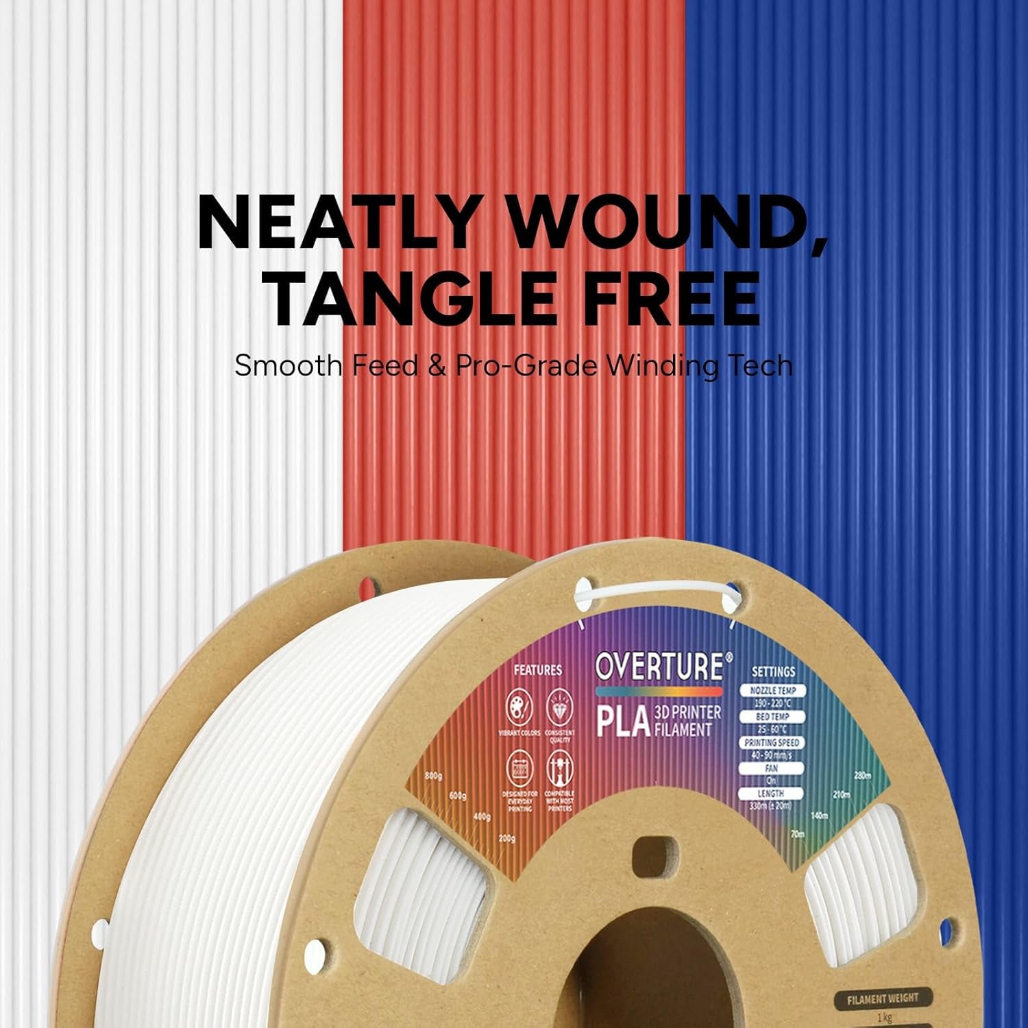 OVERTURE 1.75mm PLA 3D Printer Filament - 1kg (2.2lbs) Cardboard Spool, Dimensional Accuracy +/- 0.02mm, Compatible with Most FDM Printers (White, Single Pack)