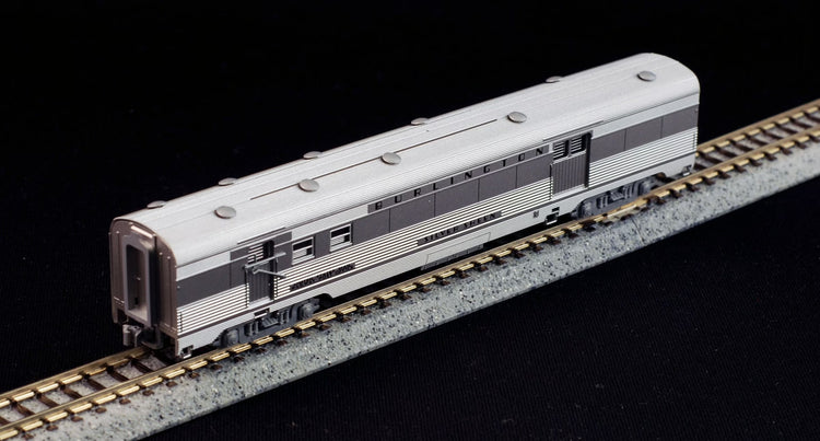 N scale CB&Q and Silver Streak Zephyr diesel passenger train set by BYMRR Train Store with detailed train cars and vibrant colors.