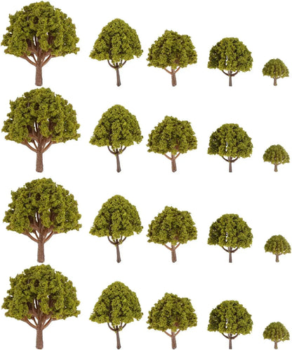 Angoily 20-piece mixed model trees set featuring miniature yellow landscape props for N scale train layouts and fairy gardens.