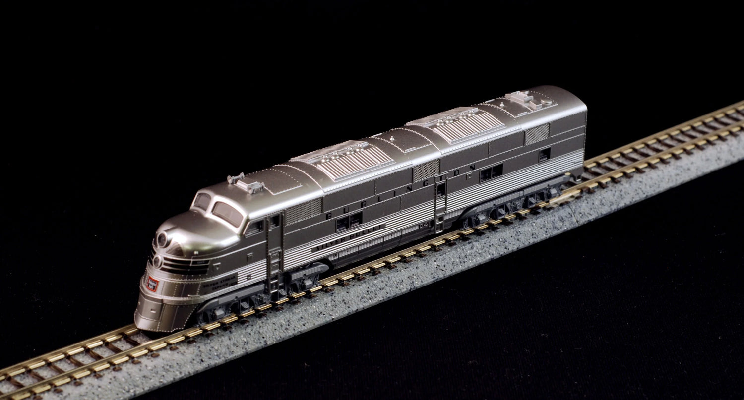 N scale CB&Q Silver Streak Zephyr diesel passenger train set with detailed locomotive and passenger cars, by BYMRR Train Store
