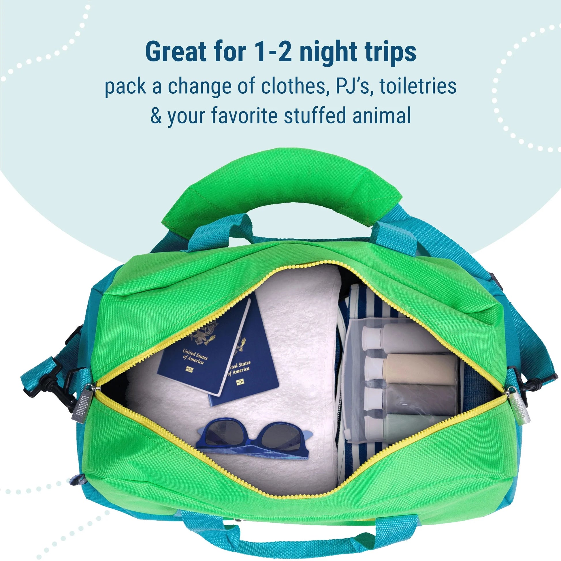 Kids Overnighter Duffel Bag for Boys & Girls, Features Two Carrying Handles and Removable Padded Shoulder Strap, BPA & Phthalate Free (Monster Green)