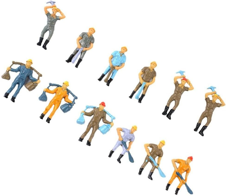 Set of 12 painted O scale 1:48 railway worker figures by BYMRR Train Store for model train layouts and station scenery.