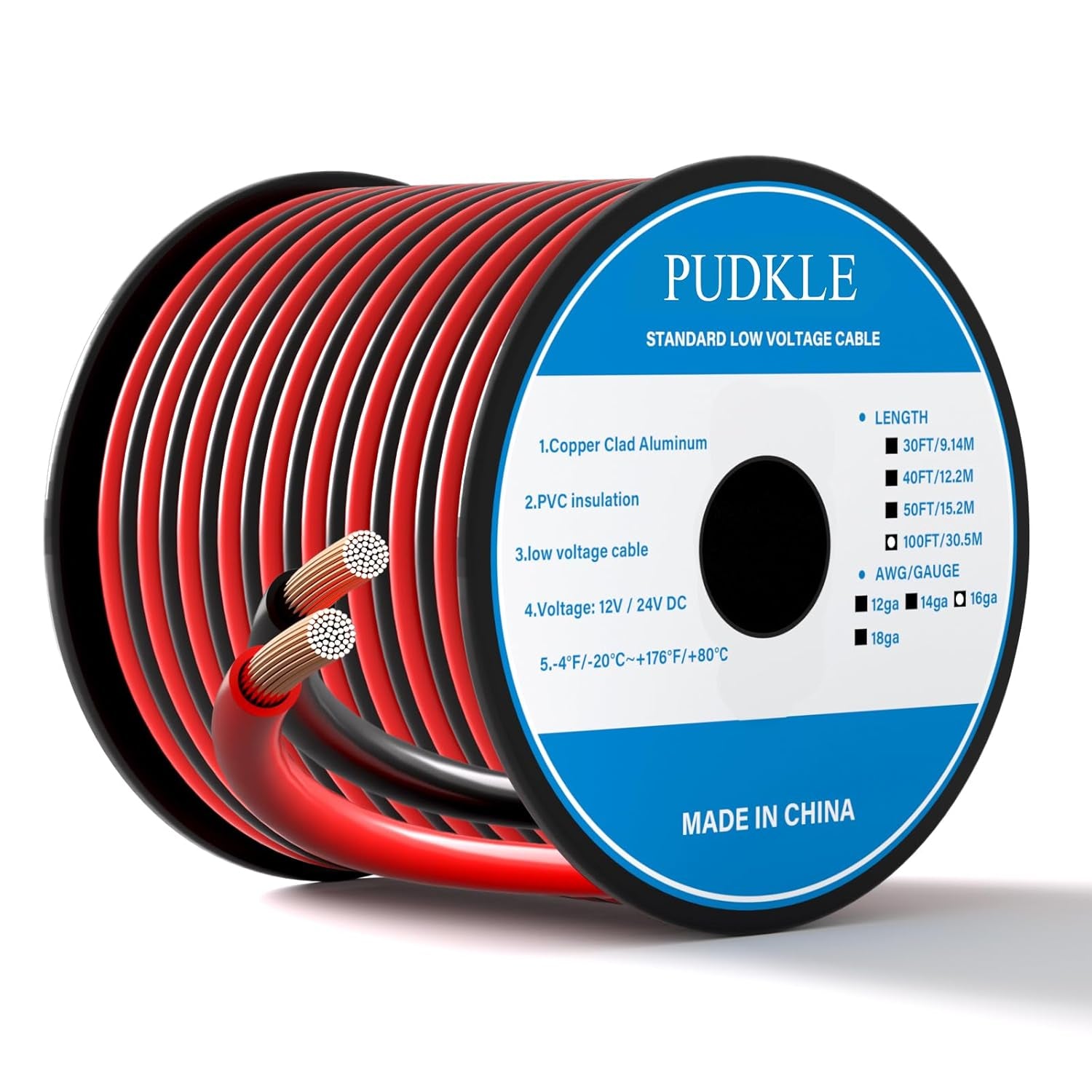 16 AWG Copper Clad Aluminum 2-Conductor Red and Black Electrical Wire, 100FT - Flexible PVC Insulated Low Voltage Cable for 12V/24V DC Applications in Automotive, Audio, LED Strips, and RC Vehicles