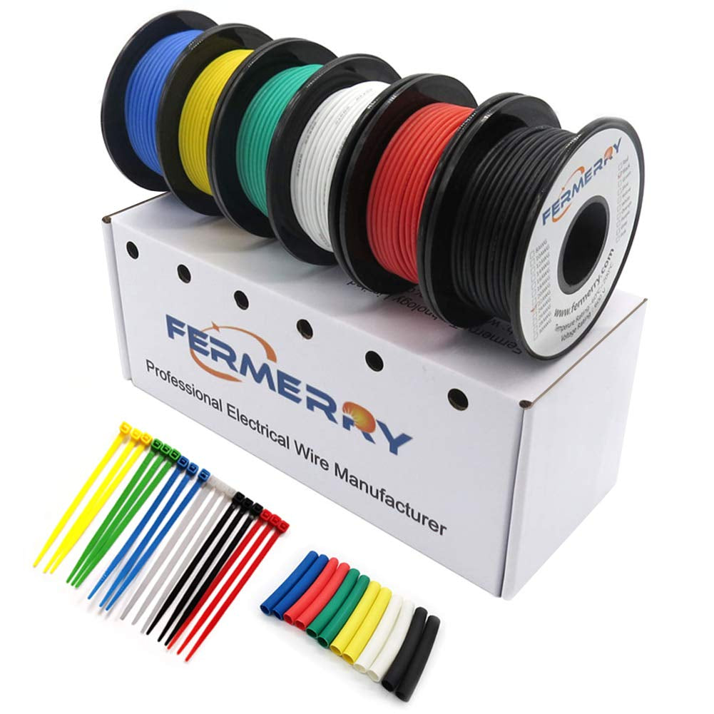 Fermerry 14 AWG Stranded Silicone Hook-Up Wire Kit - 5ft Spools in 6 Colors, Tinned Copper Electrical Wire