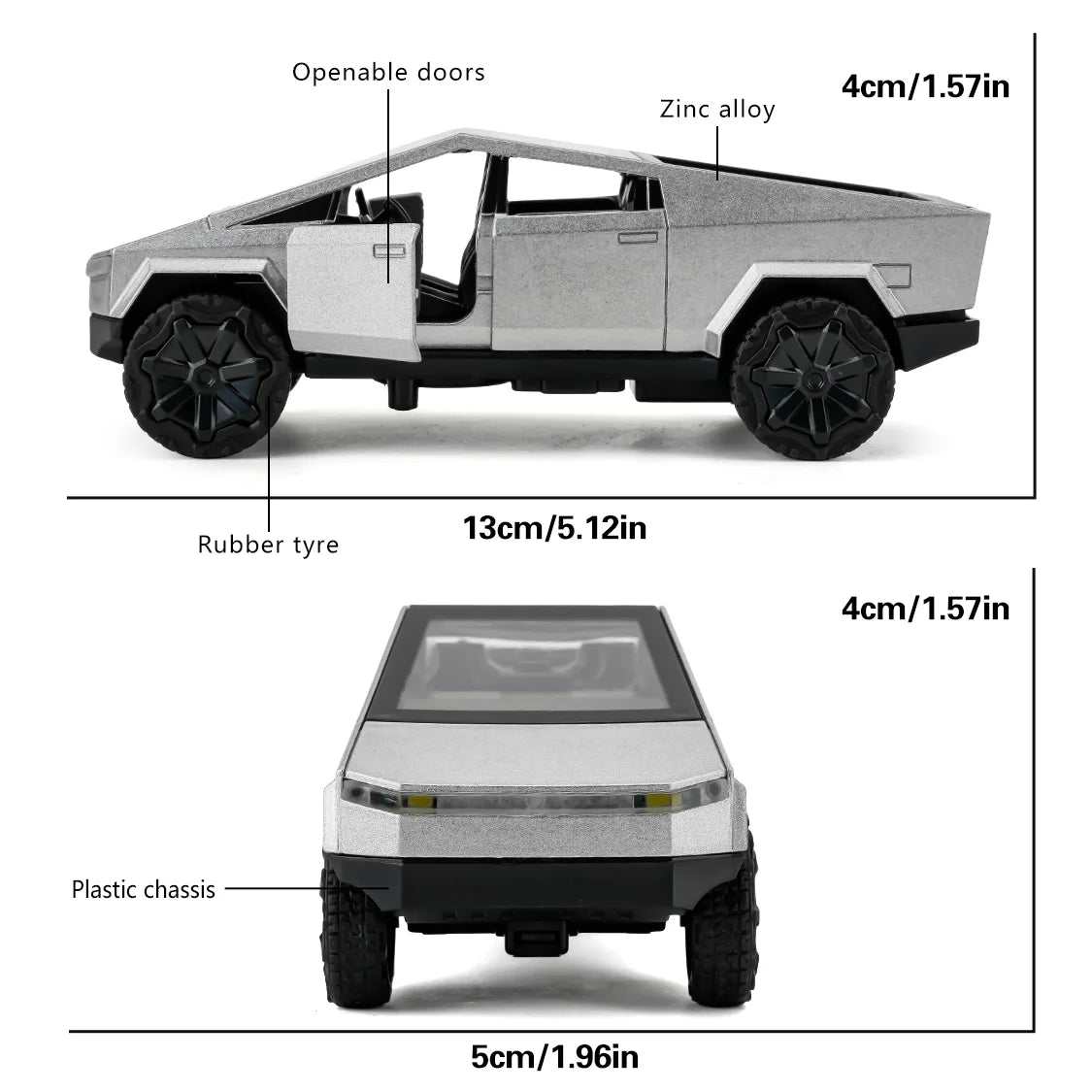 Silver 1:36 scale diecast Cybertruck pickup toy car by BYMRR Train Store, pull-back model for collectors and kids ages 3 and up