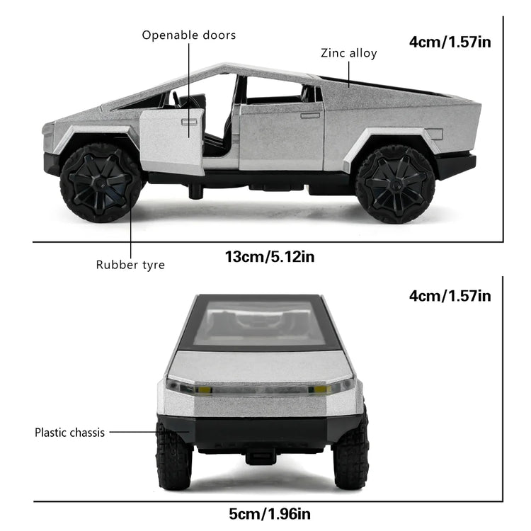 Silver 1:36 scale diecast Cybertruck pickup toy car by BYMRR Train Store, pull-back model for collectors and kids ages 3 and up