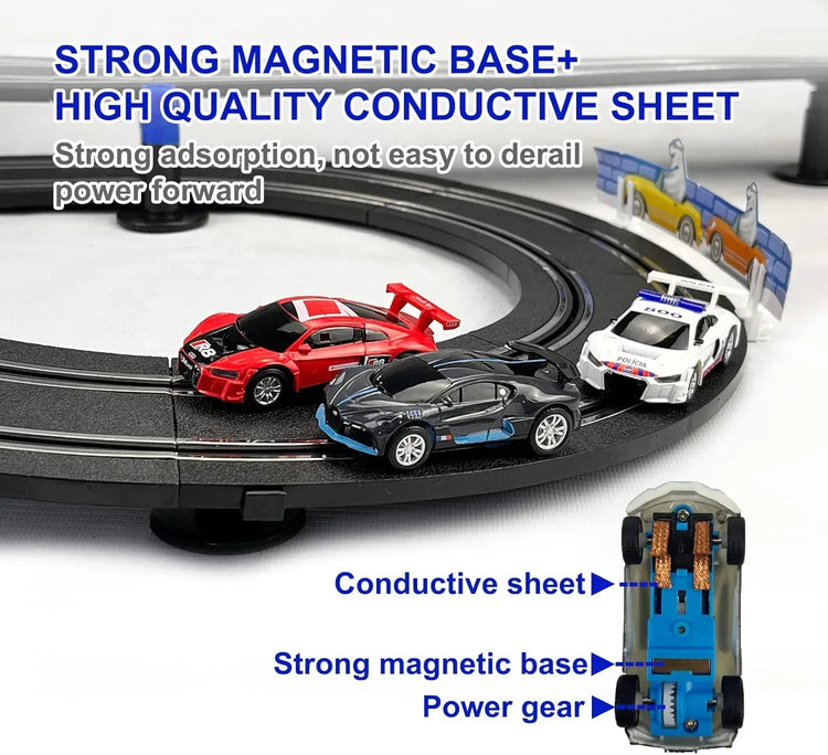SHANTOU CHENGHAI YINGBAO high-speed dual track slot car racing set with four licensed vehicle models on a detailed track.