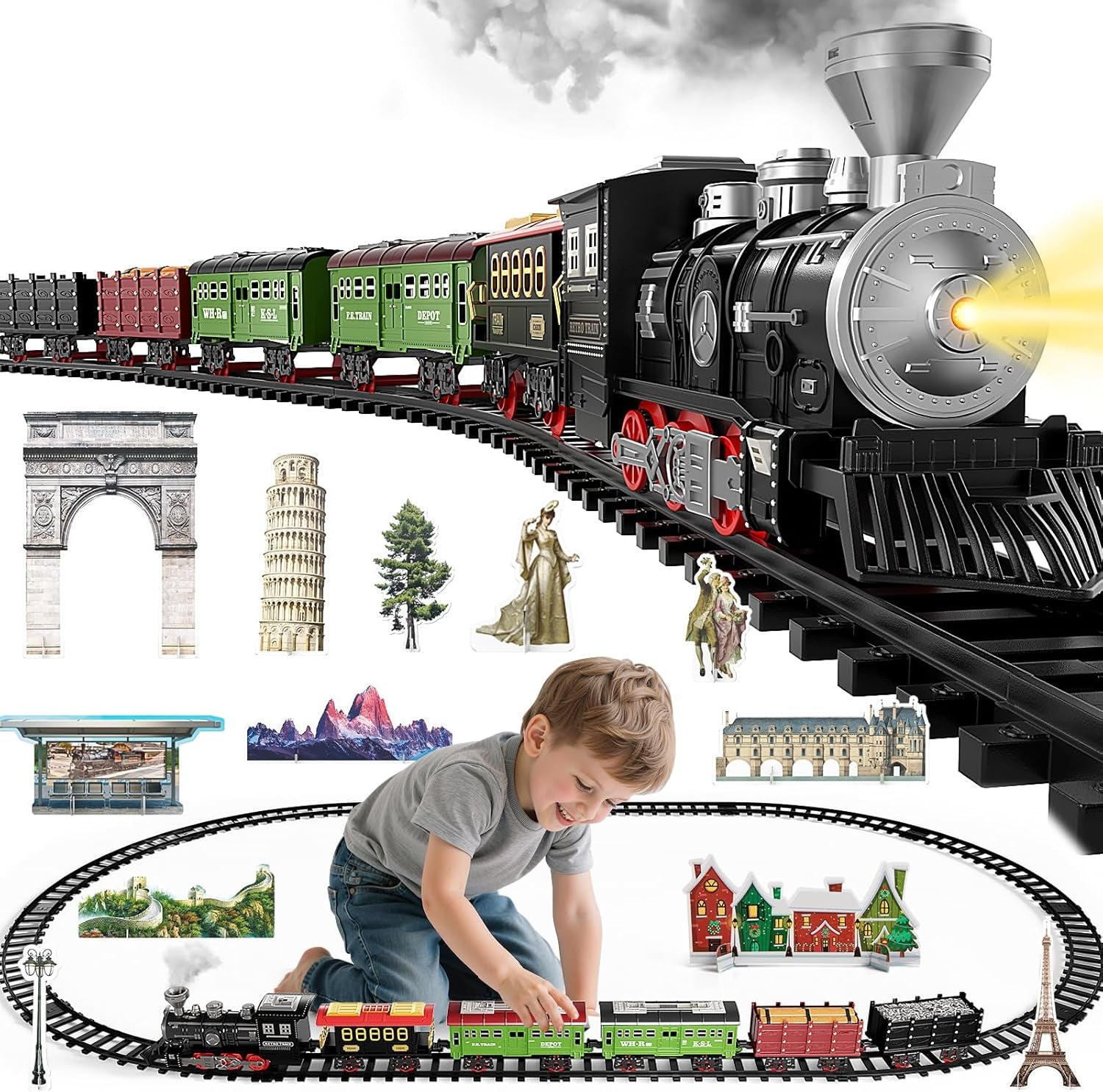 Electric Train Set for Kids with Realistic Sounds & Lights