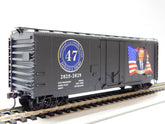 HO scale Micro-Trains boxcar kit featuring Donald Trump 2025 Presidential Edition, detailed model in blue with white and red markings.
