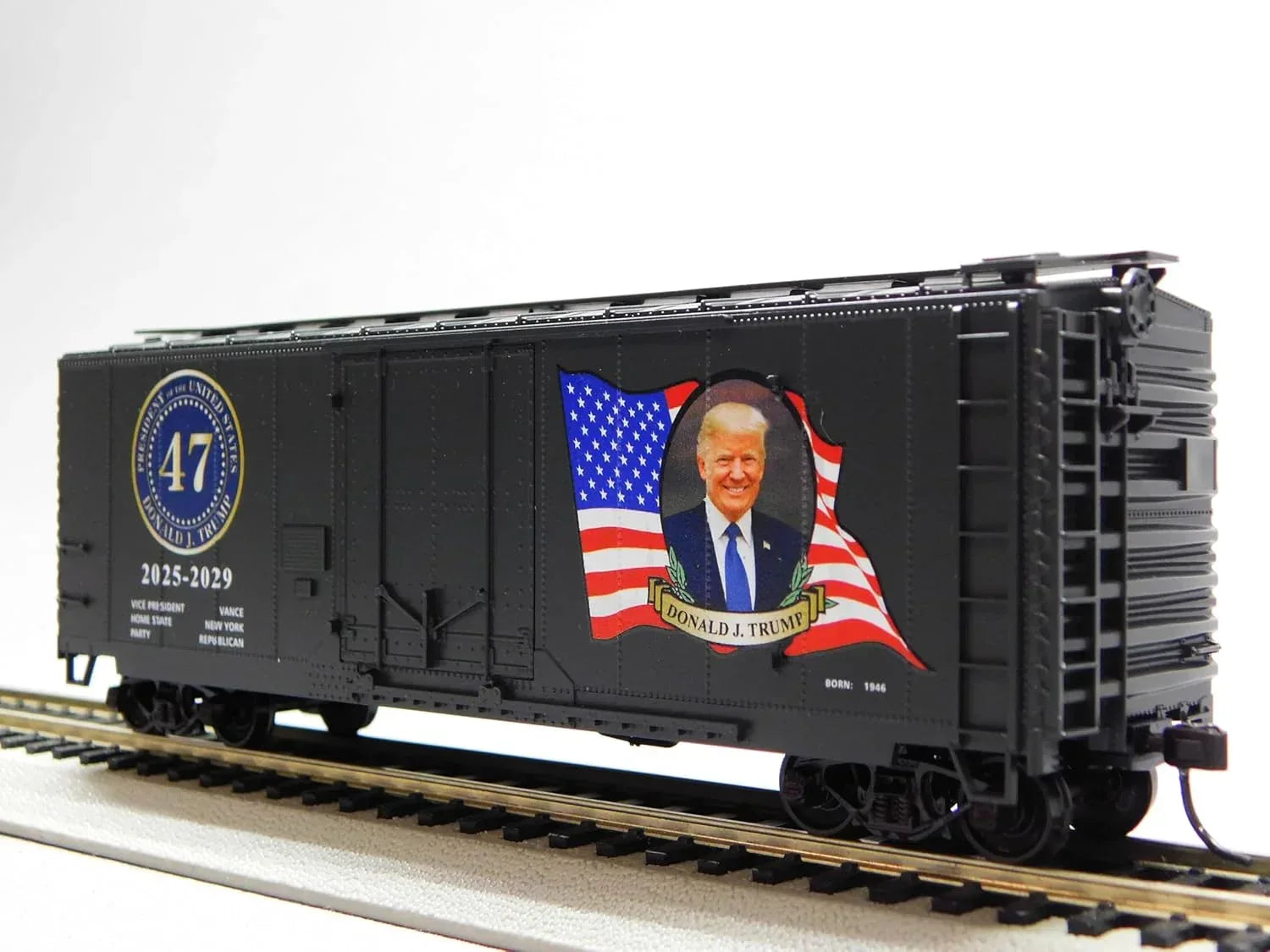 HO scale Micro-Trains boxcar kit featuring Donald Trump 2025 Presidential Edition, with detailed model and accurate markings.
