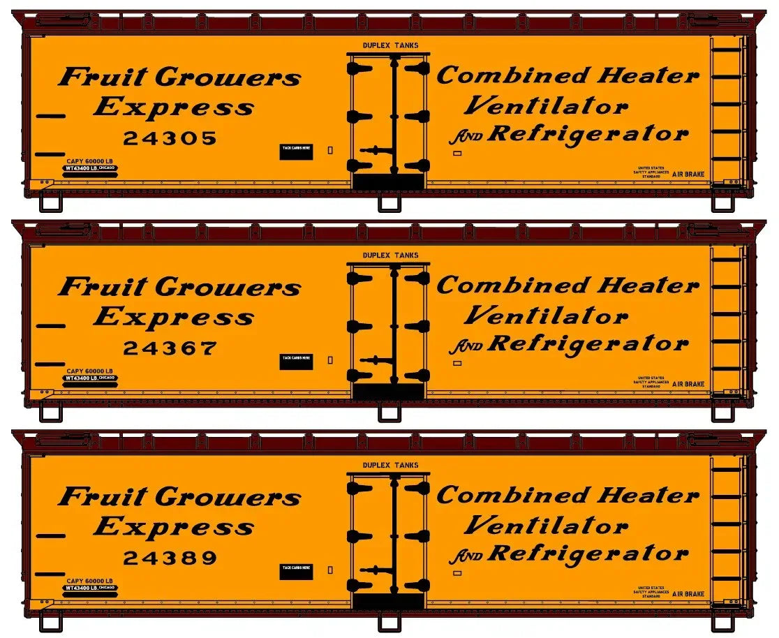 Accurail Inc Fruit Growers Express three-car model train set with detailed freight cars on a rail track.